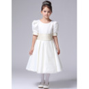 Short Sleeves Tea Length Satin First Communion/ Flower Girl Dresses