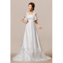 Elegant Lace Sleeves A-Line Sweep Train Satin Wedding Dresses for Spring