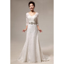 Custom Elegant Lace Sweep Train A-Line Wedding Dresses with Sleeves