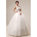 Affordable Halter Beaded Ball Gown Floor Length Satin Wedding Dresses