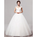 V-Neck Cap Sleeves Ball Gown Long Satin Dresses for Spring Wedding