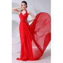 Halter Chiffon Court Train Sheath Evening/ Prom Dresses for Spring