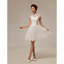 Discount Lace Mandarin Collar Cap Sleeves Short Beach Wedding Dresses