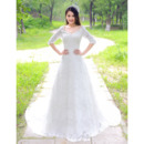 Custom Elegant Lace Sleeves Court Train A-Line V-Neck Wedding Dresses