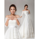 Off-the-shoulder Half Sleeves Lace Sweep Train A-Line Wedding Dresses