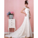 Affordable Sexy One Shoulder Lace A-Line Sweep Train Wedding Dresses