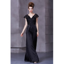 Affordable Black V-Neck Floor Length Satin Sheath Evening Dresses
