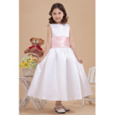 Simple Satin Tea Length Ball Gown First Communion Dresses with Sashes