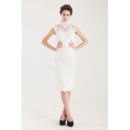 Sheath Mandarin Collar Knee Length Lace Short Wedding Dresses