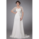 Fall V-Neck Sweep Train Chiffon Wedding Dresses with Lace Sleeves