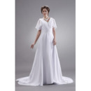 Custom V-Neck Chapel Train Chiffon Wedding Dresses with Short Sleeves