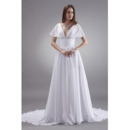 Discount V-Neck Chapel Train Chiffon Wedding Dresses with Cap Sleeves