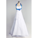 Inexpensive Blue Halter A-Line Floor Length Satin Wedding Dresses
