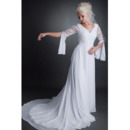 New V-Neck Court Train Chiffon Wedding Dresses with Lace Sleeves