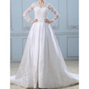 New A-Line V-Neck Chapel Train Wedding Dresses with Long Sleeves