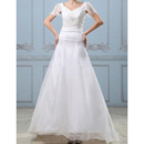 Custom A-Line V-Neck Sweep Train Wedding Dresses with Short Sleeves