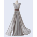 Elegant A-Line V-Neck Floor Length Chiffon Evening Dress with Belt
