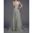 Affordable A-Line Sheer Bateau Sweep Train Chiffon Evening Dresses