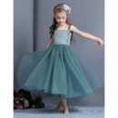 Affordable Straps Tea Length Organza Little Girls Holiday Dresses