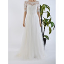 Elegant Floor Length Chiffon Tulle Wedding Dresses with Half Sleeves