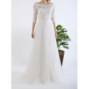 Elegant Floor Length Lace Chiffon Wedding Dresses with 3/4 Sleeves