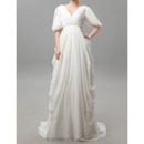 Custom Victorian Column V-Neck Chiffon Wedding Dresses with Sleeves