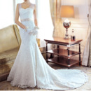 Affordable Trumpet Lace Chapel Train Wedding Dresses with Tulle Straps