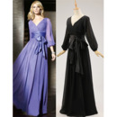 Elegant V-Neck Long Chiffon Black Mother Dresses with Long Sleeves