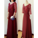 V-Neck Floor Length Chiffon Mother Dresses with Lace Sleeves