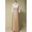 Custom V-Neck Long Chiffon Mother Dresses with 3/4 Long Lace Sleeves