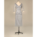 Elegant V-Neck Short Satin Tulle Mother Dresses with 3/4 Long Sleeves