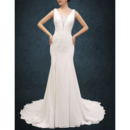 Sheath Straps Court Train Chiffon Wedding Dresses