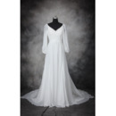 Custom V-Neck Floor Length Chiffon Wedding Dresses with Long Sleeves