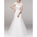 Inexpensive A-Line Cap Sleeves Floor Length Wedding Dresses with Belts