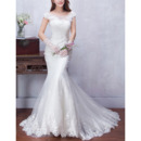 Custom Sexy Sheath Cap Sleeves Sweep Train Satin Tulle Wedding Dresses