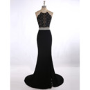 Sexy Sheath Halter Sweep Train Applique Black Evening/ Prom Dresses