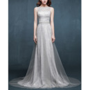 Custom Sleeveless Sweep Train Lace Evening Dress with Organza Overlap