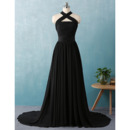 Custom Cross Neckband Sweep Train Chiffon Black Evening Dresses