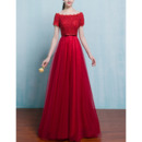 Affordable Long Tulle Applique Evening Dresses with Short Sleeves