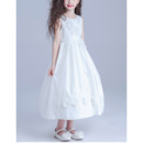 Custom A-Line Sleeveless Tea Length Satin Girls Flower Girl Dresses