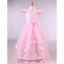 Custom Floor Length Satin Pink Flower Girl Dresses with Cap Sleeves