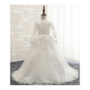 Affordable Sweep Train Satin First Communion Dresses with Long Sleeves
