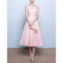Classic A-Line Bateau Sleeveless Tea Length Lace Pink Wedding Dress