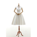Custom V-Neck Knee Length Satin Wedding Dresses with Cap Sleeves