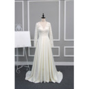 Custom V-Neck Sweep Train Wedding Dresses with Long Lace Sleeves