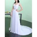 Vintage V-Neck Sleeveless Sweep Train Chiffon Pleated Wedding Dresses