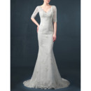Affordable Sheath V-Neck Organza Wedding Dresses with Half Sleeves