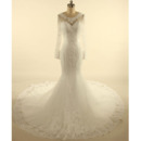 Custom Trumpet Court Train Tulle Wedding Dresses with Long Sleeves