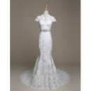 Elegant Sheath Sweep Train Lace Wedding Dresses with Cap Sleeves