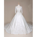 New A-Line V-Neck Satin Wedding Dresses with 3/4 Long Sleeves